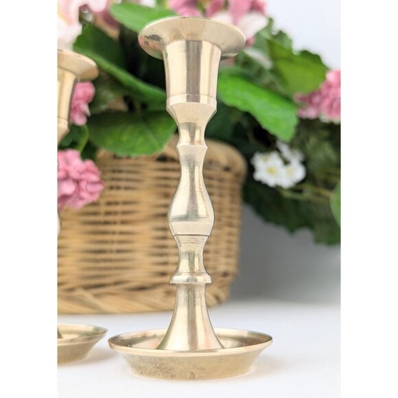 Pair of Vintage Slim Brass Candlestick Holders 4" Brass Candle Holders Set 1970s - Picture 9 of 9